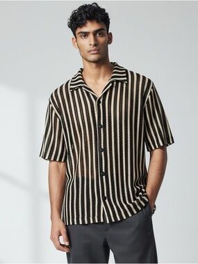 GUESS Black Beige Striped Knit Button Up Shirt Sheer Crochet Retro 90s Inspired